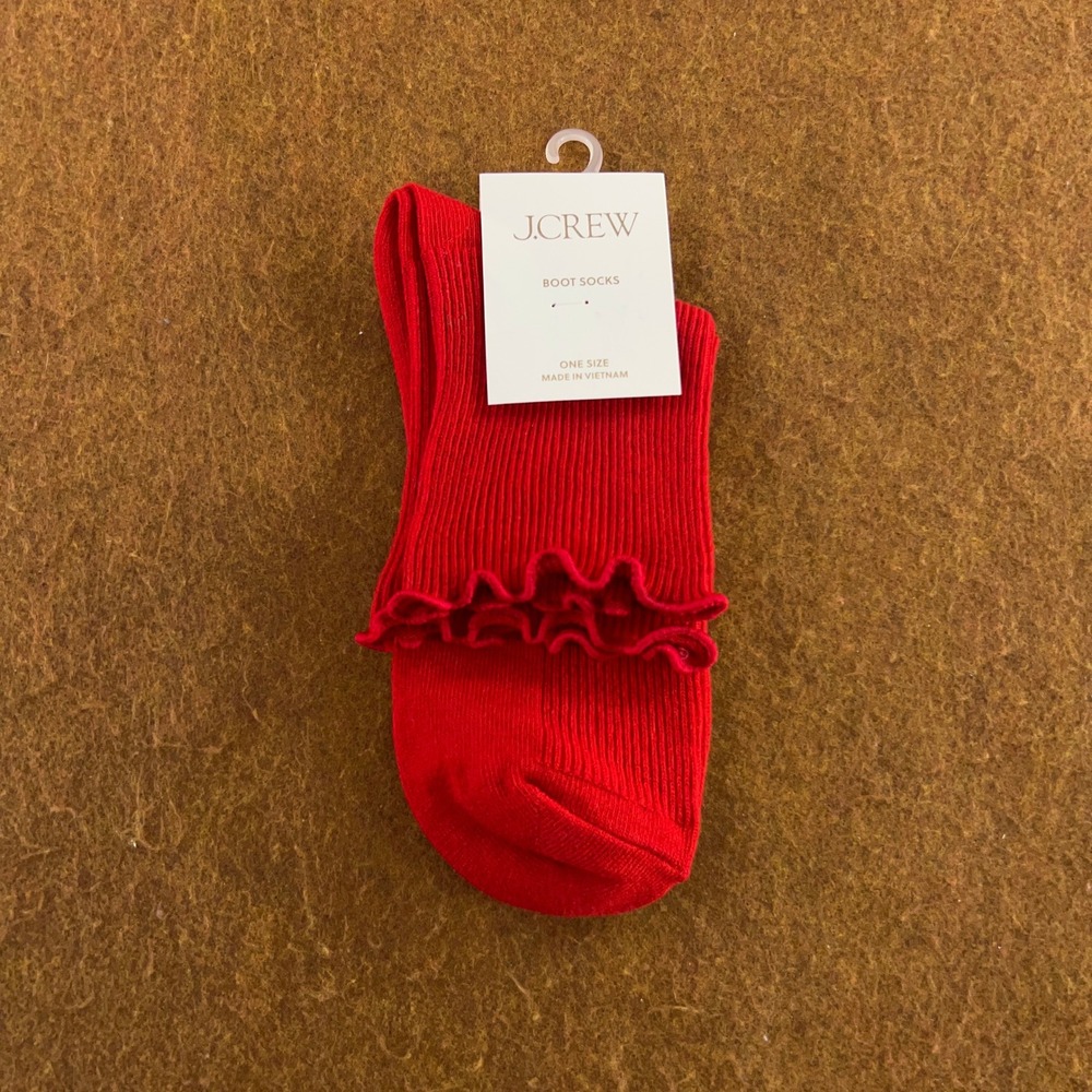 J.Crew Womens OS Red Ruffle Lettuce Trim Ribbed Boot Socks CC767 NWT